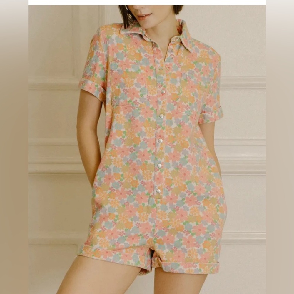 Storia denim floral romper shorts